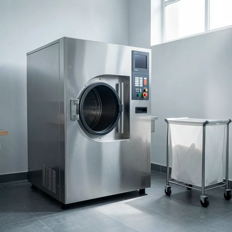 Machine de nettoyage professionnel en atelier de pressing, hublot ouvert