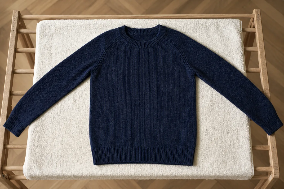 Pull en laine séchant à plat sur une serviette éponge claire
