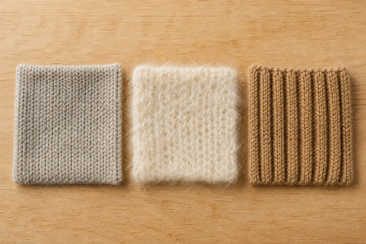 Gros plan comparatif de trois mailles de laine aux textures différentes