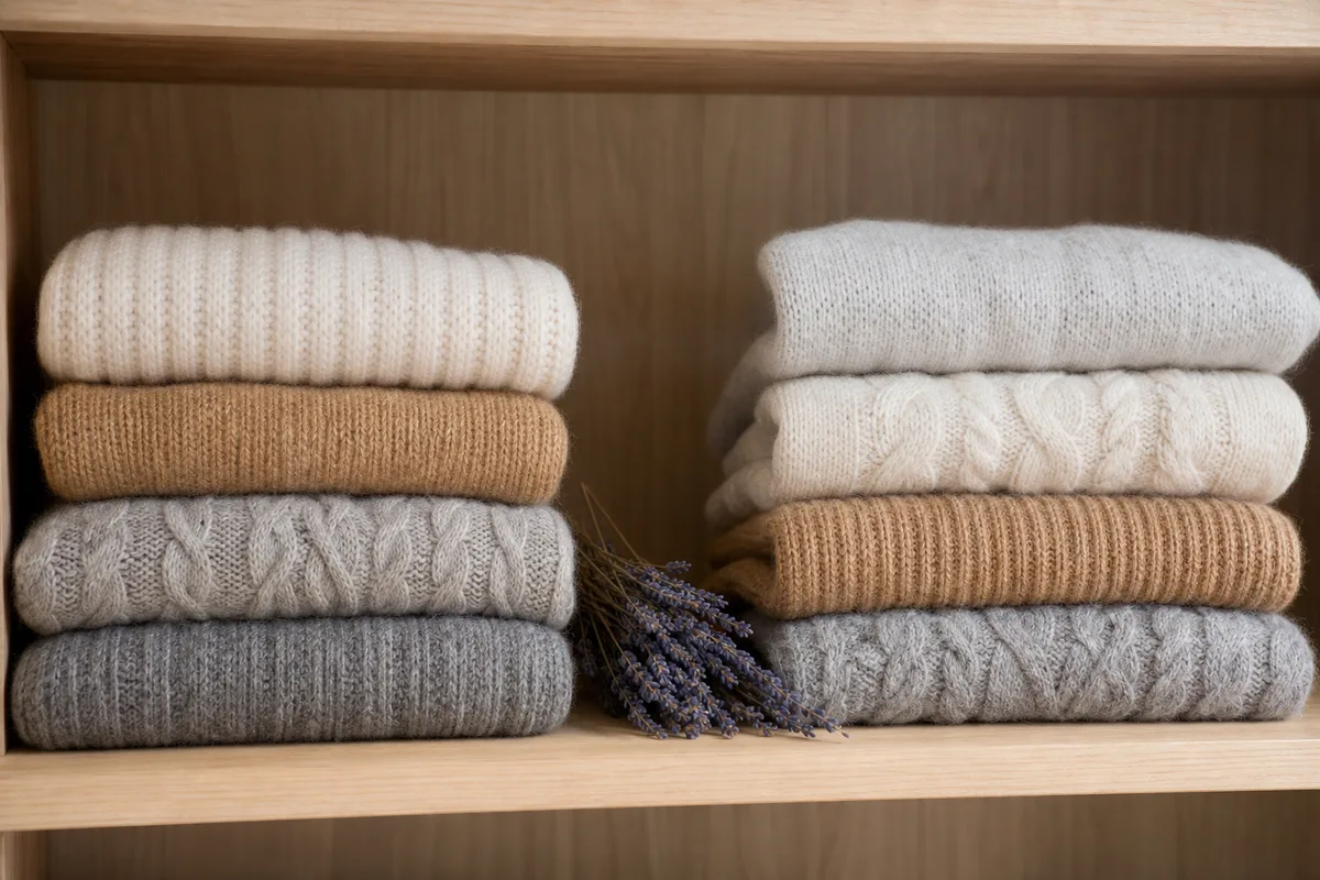Pile de pulls en laine pliés dans un placard en bois clair