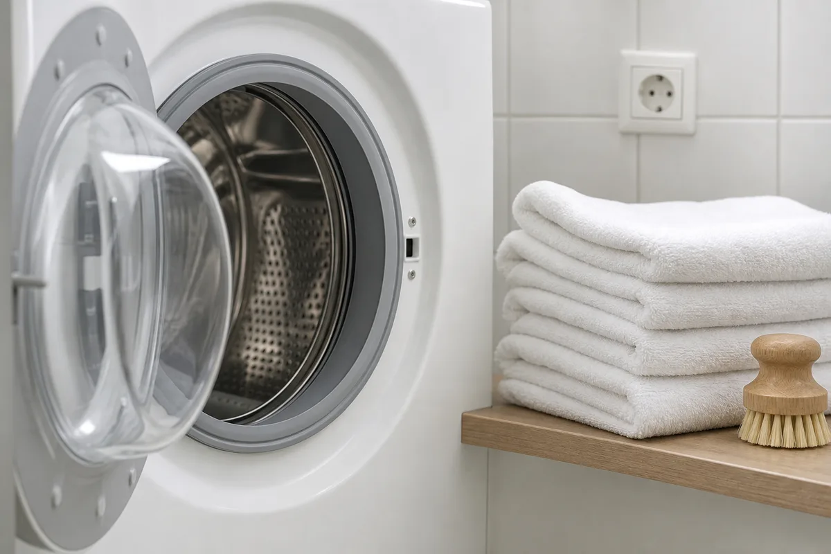 Hublot ouvert d’un lave-linge dans une buanderie française, joint en caoutchouc visible