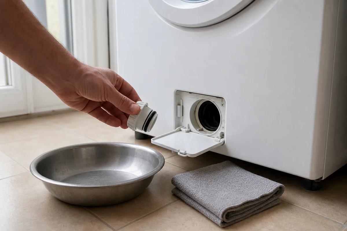 Filtre de vidange ouvert en bas d’un lave-linge, bassine et chiffon posés au sol carrelé
